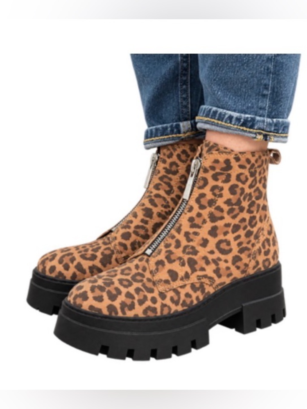 NWT Gianni Bini Leopard Suede Leather Lug Sole Zipper Front Combat Boots size 6
